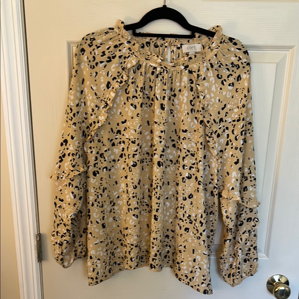 LOFT Beige Black White Animal Print Ruffle Blouse
